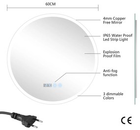 Erga Deam, kerek LED-es tükör 60cm, 3 színű világítás, első világítás, páramentes fűtőbetét, ERG-V01-Deam-6060-CL