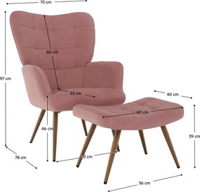 Fotel lábtartóval, rózsaszín Velvet szövet/tölgy, HABEN
