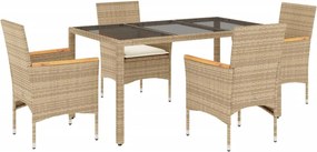 vidaXL 5 részes bézs polyrattan/üveg kerti étkezőgarnitúra párnákkal