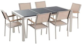 Hatszemélyes fekete osztott asztallapú étkezőasztal bézs textilén székekkel GROSSETO Beliani