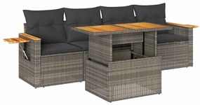 5 részes szürke polyrattan akácfa kerti ülőgarnitúra párnákkal
