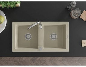 Mexen Mario, 2 kamrás gránit mosogató 820x436x161 mm és Telma króm mosogató csaptelep, bézs, 6504-69-670200-00