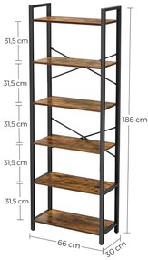 6 szintes könyvespolc tároló polc acélkerettel 66 x 30 x 186 cm , rusztikus barna