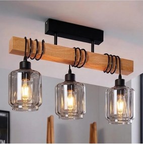 BRILAGI - Felületre szerelt csillár WOOD GLASS 3xE27/60W/230V fenyő/fekete/füstös bézs