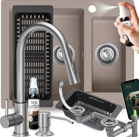 Mosogató Bézs Gránit Másfélmedencés Mosogató Csaptelep Adagoló Szárító