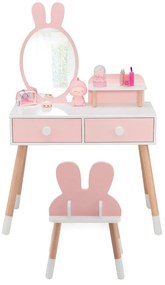 Nyuszis fésülködő asztal gyerekeknek tükörrel, székkel