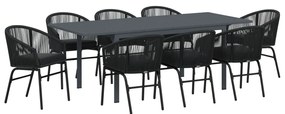 10 darabos kerti étkező szett párnákkal Fekete poli rattan, Hosszabbítható kerti asztal antracit (140-210)x90x73 cm acél