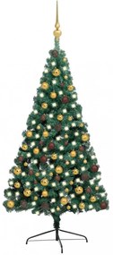 Zöld fél műkarácsonyfa LED fényekkel és gömbszettel 210 cm