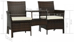 barna 2-személyes polyrattan kerti fotel asztallal/zsámolyokkal
