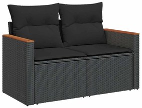 2 személyes fekete polyrattan kerti kanapé párnával