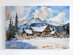 Poszter Tél Tájkép Hegyek Akvarell Házak Alpok Hó 60x40