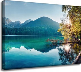 Vászonkép Nap a hegyek felett Tó Víz Nyugalom 40x30 cm