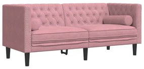 2 személyes rózsaszín bársony Chesterfield kanapé párnákkal