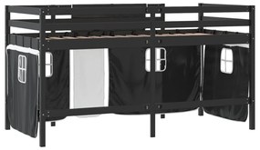 fehér-fekete tömör fenyő gyerek galériaágy függönnyel 90x200 cm