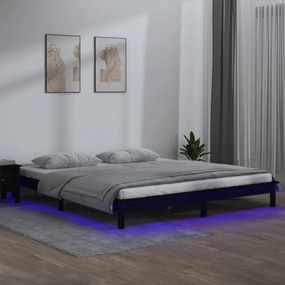 fekete tömör fa ágykeret LED-világítással 200 x 200 cm