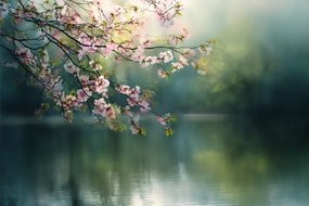 Fotótapéta Flizelina Természet Park Fa Virágok Cseresznye Víz 208x146 ragasztó