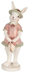 Fehér nyuszilány rózsaszín ruhában, kalapban, masnis tojással, 5x5x15cm, húsvéti dekorfigura