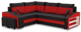Grande sarokkanapé polcokkal és puffokkal , polc a jobb karfaban puffok a bal karfaban, baloldali, szövet anyag, hab töltet, fekete - piros