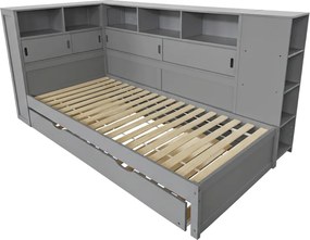 Ágy polcokkal és pótággyal, szürke, 90x200, LENDON