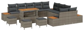 13 darabos kertiszófa szett párnákkal szürke műanyag rattan akáccal, 3 darabos kerti étkező szett párnákkal szürke műanyag rattan akáccal