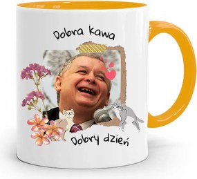 Sárga Vicces Bögre Jaroslaw Kaczynski felirattal, fényképpel