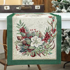 Magyal piros bogyós, zöld szélű, ezüst lurexes gépi gobelin asztali futó, 44 x 140 cm