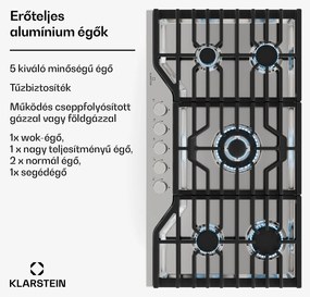 Klarstein Turbocast gáz főzőlap, 304 rozsdamentes acél, 5 égő, professzionális öntöttvas tartó, wok-égő