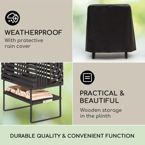 Blumfeldt Krakatoa, tűzrakóhely, tömör acél, fa tárolórekesz, lézer-vágott design