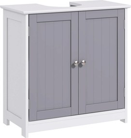 Kleankin Fürdőszoba Mosdószekrény - Mosdó egység - 2 ajtós szekrény polccal - méret: 60L x 30W x 60H cm - szürke-fehér fafurnérban | Aosom