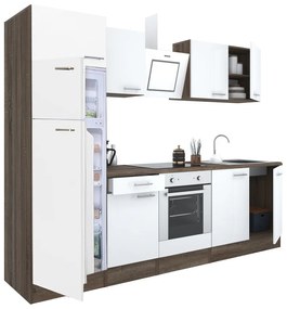 Yorki 270 konyhabútor yorki tölgy korpusz,selyemfényű fehér front alsó sütős elemmel felülfagyasztós hűtős szekrénnyel