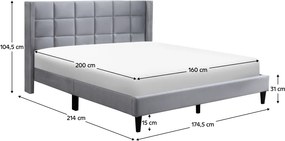 Ágy, 160x200, szürke Velvet szövet, BELATO