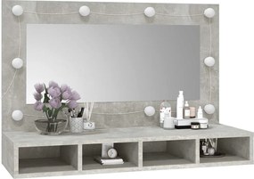 Betonszürke tükrös szekrény LED-ekkel 90 x 31,5 x 62 cm