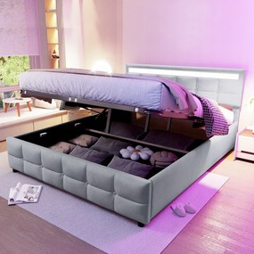 Kárpitozott ágy 180x200 cm dupla hidraulikus Led világítás szürke