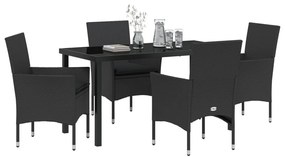 5 részes kerti étkezőszett párnákkal fekete polirattan, Kerti asztal fekete 140x80x73 cm edzett üveggel