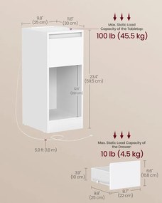 Keskeny éjjeliszekrény töltőállomással és LED-fénnyel, USB portokkal, fehér