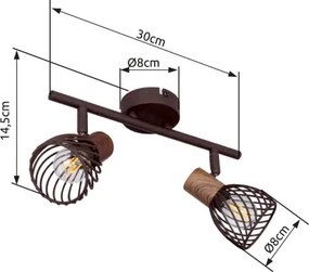 Globo 54817-2 Spot fém rozsdabarna sötét fa megjelenésű betéttel. Kapcsoló a talpra szerelve. LxH:300x145, exkl. 2xE14 40W 230V