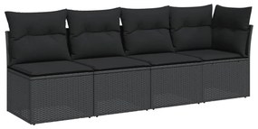 4 személyes fekete polyrattan kerti kanapé párnával