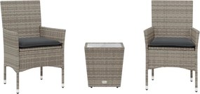 vidaXL 3 részes szürke polyrattan/üveg bisztrógarnitúra párnákkal