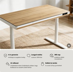 Elektromos ülő-álló íróasztal fiókkal és Qi vezeték nélküli töltővel fehér/aranytölgy, 1200 mm: ELLIS
