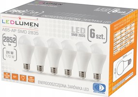 6 db-os Led izzó szett E27 24W=170W 2852lm 210° CCD A65 Nincs villódzás 3000K