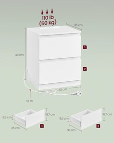 Éjjeliszekrény beépített konnektorral, 2 db-os szett felhőfehér