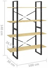 négyszintes barna tömör fenyőfa könyvszekrény 100 x 30 x 140 cm