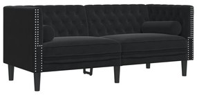 2 személyes fekete bársony Chesterfield kanapé hengerpárnákkal