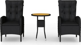 vidaXL 3 részes fekete polyrattan kerti bisztrószett