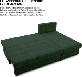 Venezia sarokkanapé, kordbársony, univerzális oldal, hab töltet, zöld