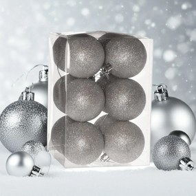 Ezüst glitteres műanyag karácsonyi gömb szett 12x6cm