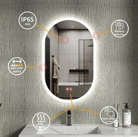 Erga Demi, ovális LED tükör 50x80cm, 3 színű fény, első világítás, páramentes fűtőbetét, ERG-V01-Demi-5080-CL