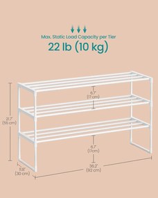 3 szintes cipőtartó, fém cipőpolc, 16–20 pár cipőhöz, 30 x 92 x 55 cm, fehér