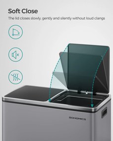 2 rekeszes pedálos recycling szemetes lágy záródással, szürke fém