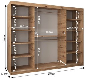 TIMEA 1 tágas tolóajtós gardróbszekrény 250 cm széles - sonoma tölgy